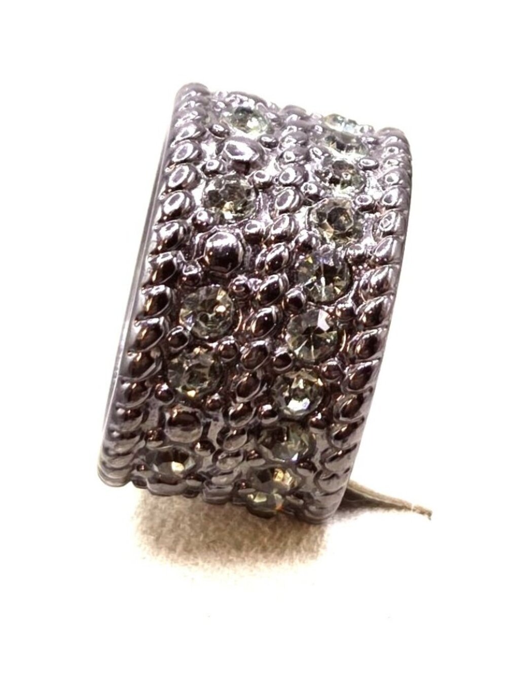 Wide Band Silver-Tone Gray Ring With Clear Rhinestones Size 9